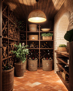 A boho wine cellar featuring reclaimed wood shelving, a terracotta tiled floor, and a rattan pendant light casting a warm glow. Wicker baskets and potted greenery add to the natural, earthy ambiance. — view 3