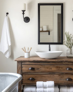 A bright farmhouse bathroom featuring a repurposed distressed wood dresser vanity with a white vessel sink, flanked by matte black barn-style sconces, above which hangs a large mirror with a simple black metal frame. A galvanized metal tub holds rolled white towels. — view 4