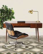 A Mid-Century Modern home office featuring a sleek walnut desk, an Eames Aluminum Group chair in black leather, a geometric area rug with olive green accents, and a brass desk lamp.