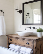 A bright farmhouse bathroom featuring a repurposed distressed wood dresser vanity with a white vessel sink, flanked by matte black barn-style sconces, above which hangs a large mirror with a simple black metal frame. A galvanized metal tub holds rolled white towels. — view 3