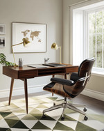 A Mid-Century Modern home office featuring a sleek walnut desk, an Eames Aluminum Group chair in black leather, a geometric area rug with olive green accents, and a brass desk lamp. — view 4