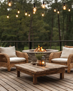 Rustic deck featuring reclaimed wood decking, a rough-hewn teak coffee table, and woven rattan armchairs with natural linen cushions. Edison bulb string lights are draped overhead, casting a warm glow, complemented by a stone fire pit in the background.