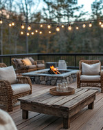 Rustic deck featuring reclaimed wood decking, a rough-hewn teak coffee table, and woven rattan armchairs with natural linen cushions. Edison bulb string lights are draped overhead, casting a warm glow, complemented by a stone fire pit in the background. — view 2