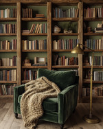 A cozy rustic library featuring reclaimed oak bookshelves filled with books, a deep forest green velvet armchair with a chunky knit wool throw, and an antique brass reading lamp, all set against a warm sage green wall. — view 4