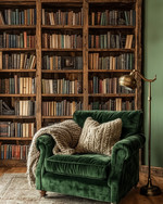 A cozy rustic library featuring reclaimed oak bookshelves filled with books, a deep forest green velvet armchair with a chunky knit wool throw, and an antique brass reading lamp, all set against a warm sage green wall.