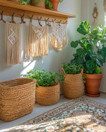 A bright boho mudroom featuring a wooden peg rail with woven baskets and macrame wall hangings, a layered jute and patterned rug, and potted green plants in terracotta pots, all bathed in natural light. — view 2
