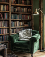 A cozy rustic library featuring reclaimed oak bookshelves filled with books, a deep forest green velvet armchair with a chunky knit wool throw, and an antique brass reading lamp, all set against a warm sage green wall. — view 2