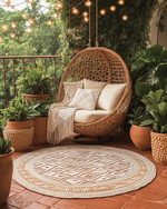 A bohemian exterior balcony featuring a terracotta floor, a woven outdoor rug with a geometric pattern, and a rattan egg chair adorned with cream cushions and a macrame throw. Lush green potted plants in various terracotta and woven planters are arranged around, with warm string lights draped overhead. — view 4