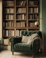A cozy rustic library featuring reclaimed oak bookshelves filled with books, a deep forest green velvet armchair with a chunky knit wool throw, and an antique brass reading lamp, all set against a warm sage green wall. — view 3