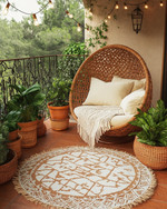 A bohemian exterior balcony featuring a terracotta floor, a woven outdoor rug with a geometric pattern, and a rattan egg chair adorned with cream cushions and a macrame throw. Lush green potted plants in various terracotta and woven planters are arranged around, with warm string lights draped overhead. — view 2
