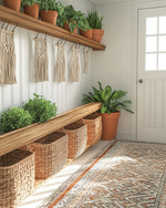 A bright boho mudroom featuring a wooden peg rail with woven baskets and macrame wall hangings, a layered jute and patterned rug, and potted green plants in terracotta pots, all bathed in natural light. — view 3