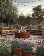 A rustic backyard featuring a central corten steel fire pit, surrounded by natural stone pavers and chunky cedar log benches. Distressed terracotta pots overflow with coneflowers and lavender, while a vintage galvanized tub holds succulents, all under the soft glow of string lights. — view 4