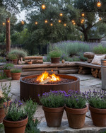 A rustic backyard featuring a central corten steel fire pit, surrounded by natural stone pavers and chunky cedar log benches. Distressed terracotta pots overflow with coneflowers and lavender, while a vintage galvanized tub holds succulents, all under the soft glow of string lights.