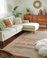 A bohemian great room blending vintage and modern elements, featuring a cream sectional sofa, a mid-century teak credenza, layered jute and sheepskin rugs, and a mix of terracotta and sage green accents. — view 3