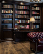 A traditional library featuring dark walnut built-in bookshelves filled with books, a deep oxblood leather Chesterfield sofa, and a classic banker's lamp on a mahogany desk. Warm ambient lighting from recessed ceiling lights and a bronze chandelier creates a refined glow.