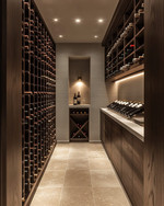 A refined traditional wine cellar featuring dark walnut wine racks, honed travertine flooring, smooth light grey plastered walls, and subtle recessed LED lighting, creating a clean and sophisticated ambiance. — styling and décor detail