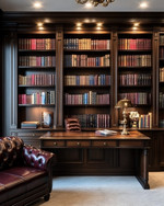 A traditional library featuring dark walnut built-in bookshelves filled with books, a deep oxblood leather Chesterfield sofa, and a classic banker's lamp on a mahogany desk. Warm ambient lighting from recessed ceiling lights and a bronze chandelier creates a refined glow. — styling and décor detail