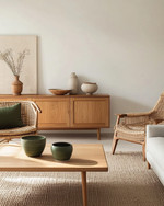 A Scandinavian Craft living room blending vintage and modern, featuring a light oak coffee table, a mid-century teak sideboard, a contemporary sofa in a light grey linen, and a woven rattan armchair, accented with handmade pottery and muted green textiles. — close-up of textures and materials