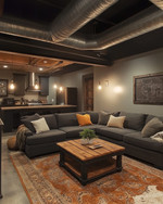 A cozy industrial basement living area with exposed ductwork, a large charcoal sectional sofa, a reclaimed wood coffee table, and an amber-toned area rug, illuminated by warm Edison bulb lighting and task lamps. — close-up of textures and materials