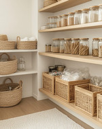 A clean boho pantry with light oak open shelving, white walls, and a variety of clear glass jars with bamboo lids. Woven rattan baskets and light wooden crates neatly store pantry items, while a subtle off-white runner adds texture to the floor. — alternate angle