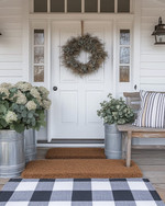 A charming farmhouse exterior with a white front door, layered buffalo check and coir doormats, and a dried eucalyptus wreath. Galvanized metal planters with hydrangeas flank the entrance, beside a distressed wooden bench with a striped throw pillow.
