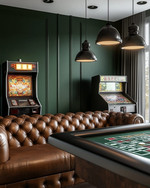 Rustic game room showcasing a blend of vintage and modern elements, with deep forest green walls, a classic leather chesterfield sofa, a vintage arcade machine, and industrial pendant lights illuminating a sleek poker table. — styling and décor detail