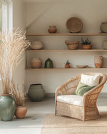 A calm boho garage interior with warm off-white walls, light oak shelving, a natural rattan chair, and muted sage green and terracotta accents in ceramic planters, all bathed in soft, warm light. — alternate angle