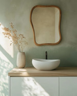 A serene Japandi powder room featuring a floating white oak vanity with a matte white vessel sink, an organically shaped mirror with a slim natural wood frame, and a soft sage green limewash wall. — close-up of textures and materials