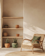A calm boho garage interior with warm off-white walls, light oak shelving, a natural rattan chair, and muted sage green and terracotta accents in ceramic planters, all bathed in soft, warm light. — styling and décor detail