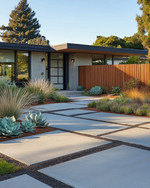 A Mid-Century Modern front yard featuring large rectangular concrete pavers, an array of sculptural succulents and ornamental grasses, and a low redwood privacy screen, all bathed in warm afternoon light. — styling and décor detail