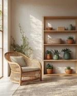 A calm boho garage interior with warm off-white walls, light oak shelving, a natural rattan chair, and muted sage green and terracotta accents in ceramic planters, all bathed in soft, warm light. — close-up of textures and materials