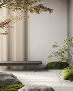 A serene Japandi front yard with a cohesive color palette, featuring a light grey exterior wall, natural blonde wood slatted screen, a minimalist dark grey bench, and subtle green Japanese maples and moss accents. — close-up of textures and materials