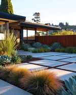 A Mid-Century Modern front yard featuring large rectangular concrete pavers, an array of sculptural succulents and ornamental grasses, and a low redwood privacy screen, all bathed in warm afternoon light. — alternate angle