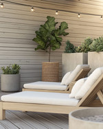 A minimalist boho deck featuring light teak wood lounge chairs with off-white cushions, subtle woven rattan accents, and large concrete planters holding a Fiddle-Leaf Fig and various succulents, all under warm string lights.