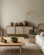 A Scandinavian Craft living room blending vintage and modern, featuring a light oak coffee table, a mid-century teak sideboard, a contemporary sofa in a light grey linen, and a woven rattan armchair, accented with handmade pottery and muted green textiles.