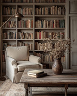 Farmhouse library with a large built-in bookshelf filled with books, a comfortable armchair upholstered in a warm beige fabric, and a weathered wood coffee table adorned with a vase of dried flowers, all under the soft glow of a bronze-finished floor lamp. — close-up of textures and materials