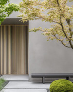 A serene Japandi front yard with a cohesive color palette, featuring a light grey exterior wall, natural blonde wood slatted screen, a minimalist dark grey bench, and subtle green Japanese maples and moss accents.
