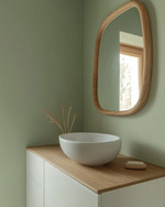 A serene Japandi powder room featuring a floating white oak vanity with a matte white vessel sink, an organically shaped mirror with a slim natural wood frame, and a soft sage green limewash wall. — styling and décor detail
