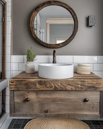 A cozy rustic bathroom featuring a reclaimed wood vanity with a white ceramic vessel sink, dark bronze faucet, and a large round mirror with a distressed wooden frame. White subway tile lines the lower wall, and a woven jute rug adds warmth to the dark grey floor tiles. — styling and décor detail