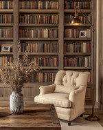 Farmhouse library with a large built-in bookshelf filled with books, a comfortable armchair upholstered in a warm beige fabric, and a weathered wood coffee table adorned with a vase of dried flowers, all under the soft glow of a bronze-finished floor lamp. — alternate angle
