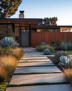 A Mid-Century Modern front yard featuring large rectangular concrete pavers, an array of sculptural succulents and ornamental grasses, and a low redwood privacy screen, all bathed in warm afternoon light.