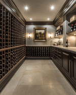 A refined traditional wine cellar featuring dark walnut wine racks, honed travertine flooring, smooth light grey plastered walls, and subtle recessed LED lighting, creating a clean and sophisticated ambiance. — alternate angle