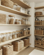 A clean boho pantry with light oak open shelving, white walls, and a variety of clear glass jars with bamboo lids. Woven rattan baskets and light wooden crates neatly store pantry items, while a subtle off-white runner adds texture to the floor. — close-up of textures and materials