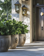 A coastal driveway featuring large weathered teak planters filled with lush green foliage, flanked by elegant nautical brass lanterns mounted on stone pillars, leading to a front door with a pewter shell door knocker. — styling and décor detail