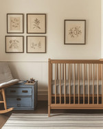 A modern baby and kids room featuring a natural maple crib, a mid-century modern rocking chair with grey linen upholstery, and a vintage wooden toy chest in faded blue. The walls are painted in a warm off-white, complemented by a subtle striped rug and a collection of vintage framed botanical prints. — styling and décor detail