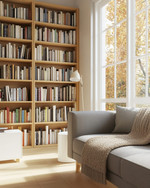 A bright Scandinavian library featuring light oak bookshelves filled with diverse books, a comfortable grey fabric sofa with a beige knit throw, a minimalist white side table, and a large window letting in natural light. — close-up of textures and materials
