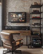 A compact industrial game room featuring a wall-mounted wooden desk with a large monitor, exposed brick wallpaper, and black metal shelving holding retro consoles. A distressed leather gaming chair sits in front, with a small industrial-style bar cart to the side. — styling and décor detail