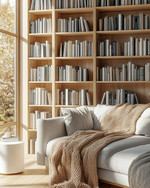 A bright Scandinavian library featuring light oak bookshelves filled with diverse books, a comfortable grey fabric sofa with a beige knit throw, a minimalist white side table, and a large window letting in natural light.