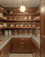 A Mid-Century Modern pantry featuring warm walnut wood shelving, polished concrete countertops, and brass pull handles. Glass canisters and ceramic jars are neatly arranged, illuminated by a Sputnik-style pendant light, with a mix of vintage and modern organizational elements. — styling and décor detail