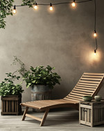 A Scandinavian patio featuring a blend of modern and vintage elements, with a slatted teak lounge chair, a weathered wooden crate side table, and antique ceramic planters filled with green foliage, all under the soft glow of Edison bulb string lights. — close-up of textures and materials